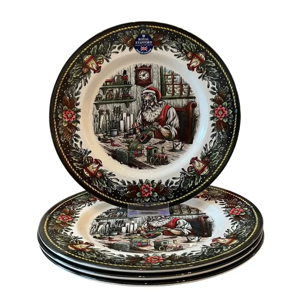 Royal Stafford SANTA'S WORKSHOP 11in Dinner Plate Set of 4 Holiday Porcelain New